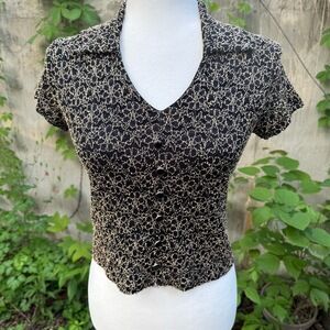 VTG Y2K Brown‎ Sheer Top S Fairy Grunge Romantic Goth Button 90s Cropped Fitted